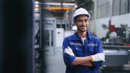 Professional worker Asian man standing and smile crossed arms having confidence among much of steel in warehouse at factory