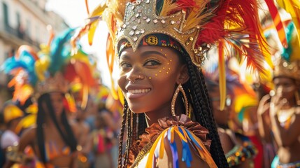 Obraz premium A visually stunning image of a carnival parade, with participants in flashy costumes adorned with feathers, sequins, and bright colors, moving through a street filled with dazzling