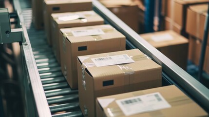 Boxes on Conveyor Belt in Warehouse for Order Fulfillment