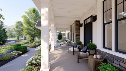 A black front door with glass panels is flanked by two stone pillars and potted flowers