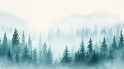 Fototapeta premium Misty forest, tall pine trees, morning fog, Watercolor style