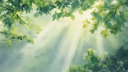 Rainforest canopy, dense foliage, sunbeams filtering, Watercolor style