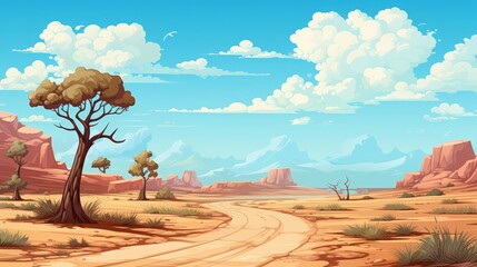 Deserted road background with tumbleweed, flat design, top view, western theme, cartoon drawing, colored pastel