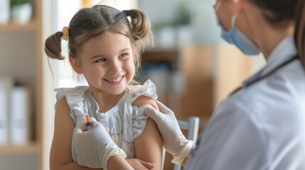 National Immunization Awareness Month. Immunization and vaccination for polio, flu shot, influenza or HPV prevention. Young girl having vaccine shot with syringe. International HPV awareness day