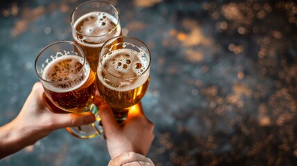 Horizontal banner. International Beer Day. Hands with a glasses of beer toasting on a dark background. Free space for text, copy space