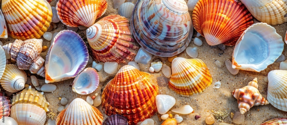 Sticker Summer Vacation Background: Close-up of Colorful Seashells on Sandy Shore.