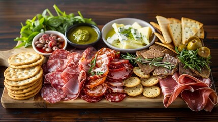 A charerie board filled with an assortment of meats cheese and crackers paired with a small dish of unrefined avocado oil for dipping.