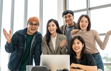 Asian business start up freelance people team analyzing statistics financial. Group Team of businesspeople man and woman Meeting Conference Discussion various topic Corporate Concept in office.