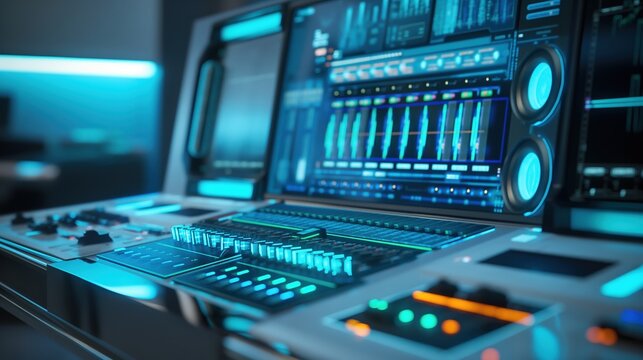 Holographic music studio, digital instruments, futuristic sound design