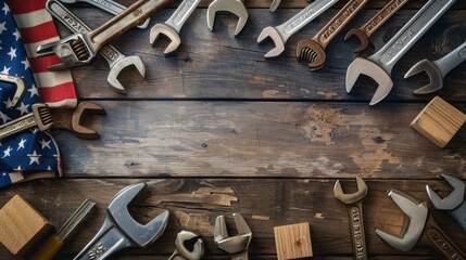 USA Labor day concept, First Monday in September. Different kinds on wrenches, handy tools, America flag and wooden blocks on wooden table.