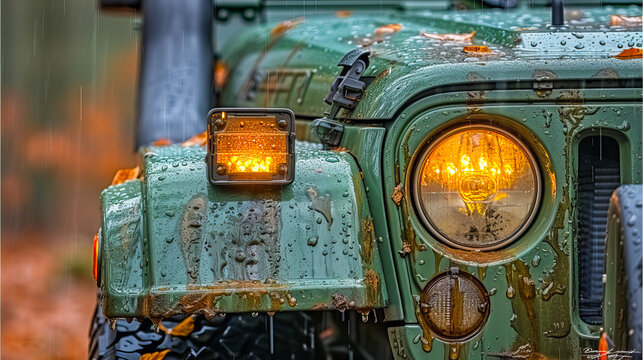 Vintage offroad vehicle in the rain
