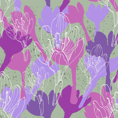 Beautiful seamless pattern. Floral background with hand drawn crocuses. Botanical rustic print for textile, paper, spring and summer design, vector illustration