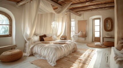 Cozy Bohemian Bedroom with Canopy Bed and Natural Decor.