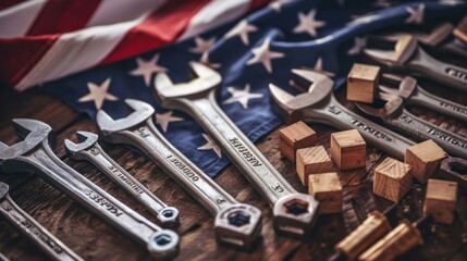 Fototapeta premium USA Labor day concept, First Monday in September. Different kinds on wrenches, handy tools, America flag and wooden blocks on wooden table.