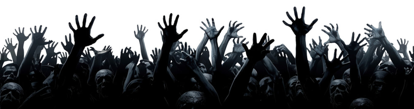 Silhouettes of zombie arms reaching up from the ground, creating a striking and eerie scene against a transparent background