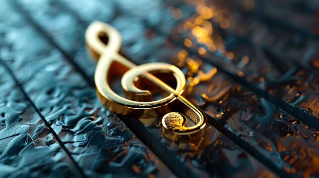 A golden musical note on a wooden surface.