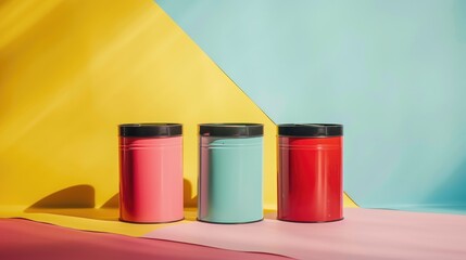 Renovation theme with four paint cans on colorful background