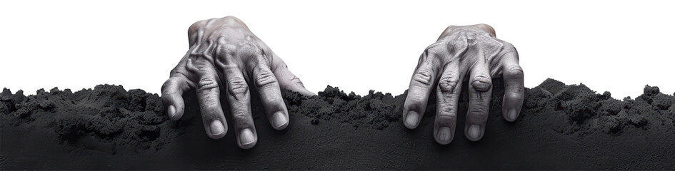 zombie hands Emerging from soil, isolated on white background