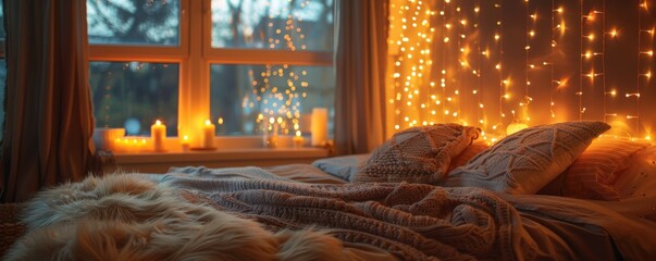 Cozy Bedroom with Candles and String Lights at Night.