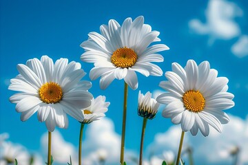 Naklejka premium Daisies in the field with blue sky background.