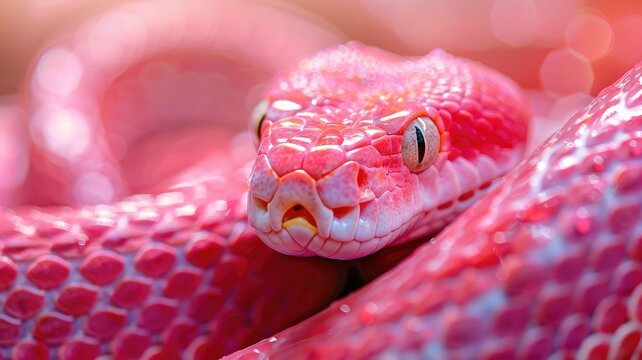 Close-up photo of vibrant pink snake with detailed scales and intense eyes