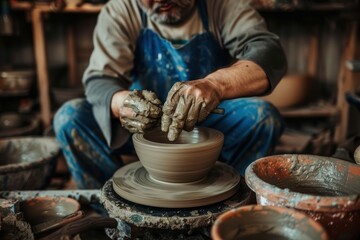 Japanese potter throwing clay on a wheel for online sales, traditional workshop, calm and focused, with pottery tools and clay