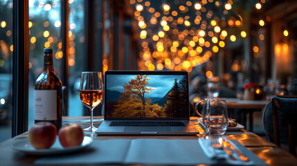 Laptop and a glass of wine. An ideal place for remote work.