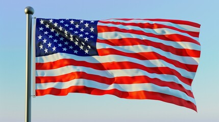 Obraz premium An artistic shot of the American flag, its fabric rippling in the breeze, set against an expanse of clear, blue sky.
