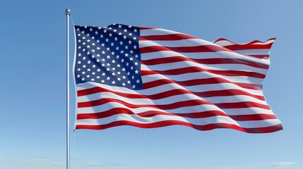 Obraz premium An artistic shot of the American flag, its fabric rippling in the breeze, set against an expanse of clear, blue sky.
