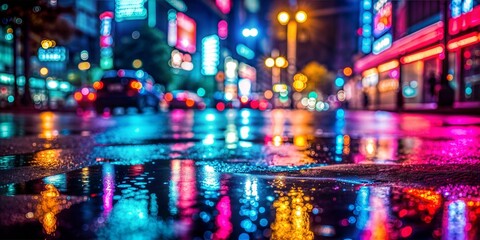 Neon City Lights Reflection Blur: A blurred background of wet asphalt reflecting the neon lights of a cityscape, evoking a sense of nightlife.	
