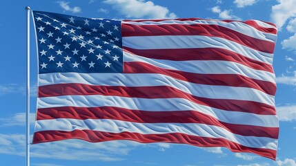Obraz premium An iconic shot of the American flag, its fabric appearing almost three-dimensional against a pure blue sky.