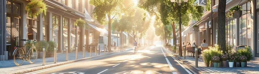 An electric bike lane in a bustling downtown area, with cyclists commuting past cafes and shops, ultradetailed, photorealistic