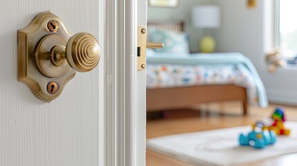 A slightly open door reveals a bedroom with a white bed and a grey and white bedspread. The room is lit by natural light