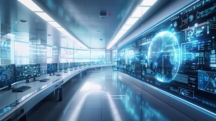 Obraz premium A hightech V2I control center with realtime data displays, AIdriven traffic management, and digital road mapping, highly detailed, photorealistic