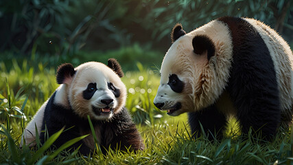 Obraz premium panda in the grasslands and forests, wildlife photography