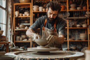 European-American potter throwing clay on a wheel for online sales, traditional workshop, calm and focused