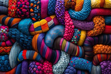 A colorful pile of yarn is arranged in a row.
