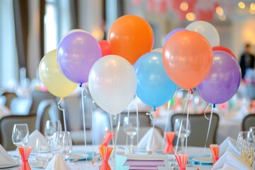 Birthday Party Elements. Colourful Helium Balloons Decorating Venue for Celebration