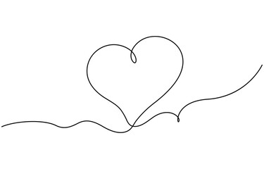 Heart and love sign in continuous one line drawing. Thin flourish and romantic symbol in simple linear style, One continuous drawing of two hearts and love signs. Thin curls and romantic symbols 