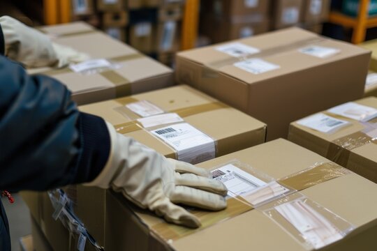 Close-up of Japanese hands applying custom labels to packages for online shipping, detailed and bright environment