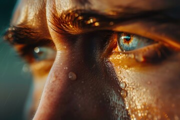 Crying Tears. Closeup of Man's Emotional Eye with Streaming Teardrop