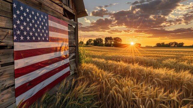 The American flag painted on a rustic barn wall, surrounded by golden wheat fields under a radiant sunset.