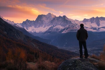 Fototapeta premium Looking Landscape. Contemplating Calmness and Hope in Chamonix, France at Autumn Sunset
