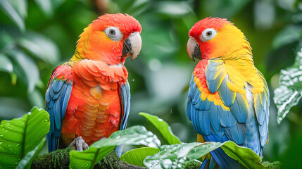 Colorful parrots in tropical rainforest habitat