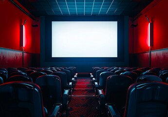 Fototapeta premium A movie theater with red seats and a screen.