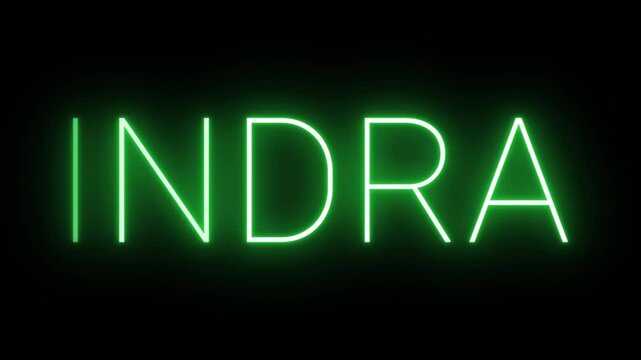 Flickering neon green glowing Indra text animated on black background