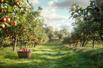 Rustic apple orchard with trees and ripe apples
