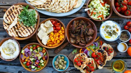 Fototapeta premium A colorful spread of flatbreads dips and grilled meats is laid out on a picnic table ready for hungry campers to dig in.