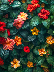 Vibrant collection of tropical flowers and lush green foliage