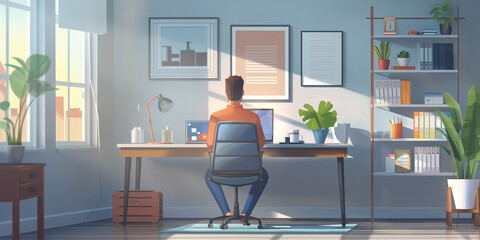 Fototapeta premium modern living room, A employee working from a home office, with a laptop, ergonomic chair, and organized workspace